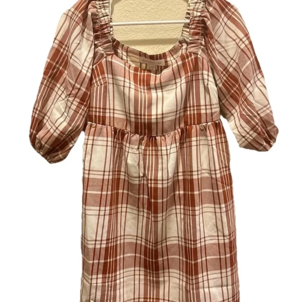 🆕Monteau Casual Baby Doll Plaid Dress W 1/2. Puff Sleeves Cream/Rust Brown Small - Picture 3 of 5